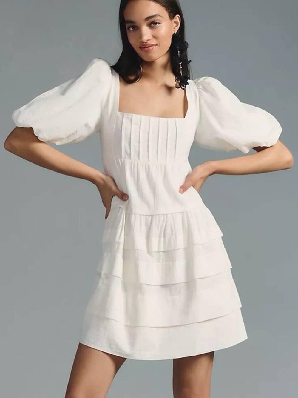 Anthropologie Square Neck Puff Sleeve Tiered Dress White Mini Cotton Size XS